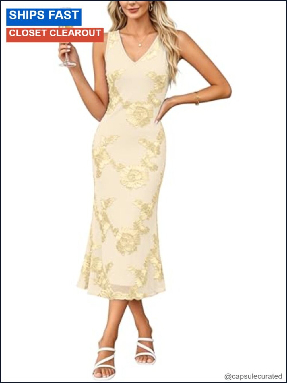 V-Neck Sleeveless Floral Bodycon Midi Cocktail Dress